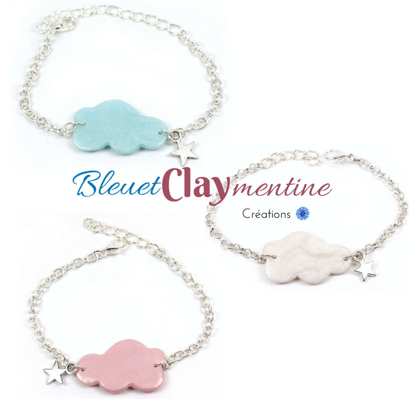 bracelet nuage bleu blanc rose fimo polymère
