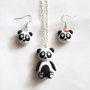 Parure Panda – Collier et boucles d’oreille