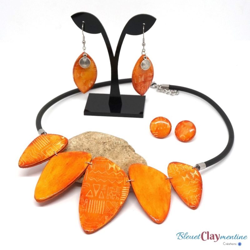 collier parure batik orange polymère